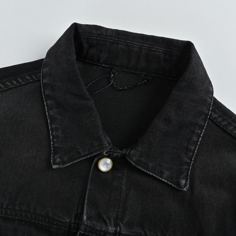 Louis Vuitton Oversized Gold Logo 3D Embroidery Black Denim Trucker Jacket