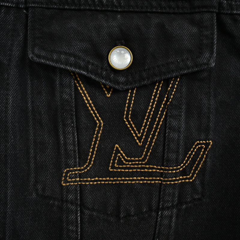 Louis Vuitton Oversized Gold Logo 3D Embroidery Black Denim Trucker Jacket