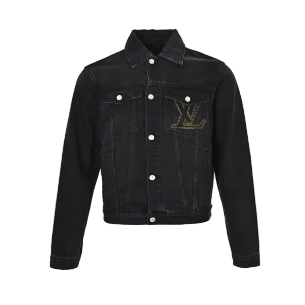 Louis Vuitton Oversized Gold Logo 3D Embroidery Black Denim Trucker Jacket