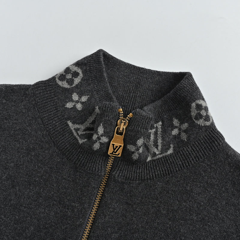 Louis Vuitton Monogram Jacquard Collar & Cuff Knit Zip Jacket – Charcoal