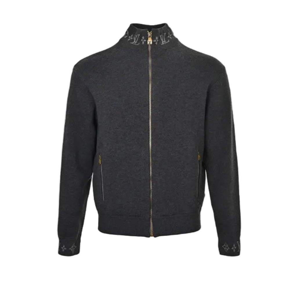 Louis Vuitton Monogram Jacquard Collar & Cuff Knit Zip Jacket – Charcoal