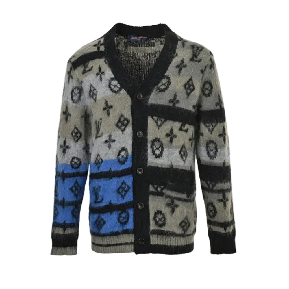 Louis Vuitton Monogram Jacquard Mohair Knit V-Neck Cardigan – Grey / Blue / Black
