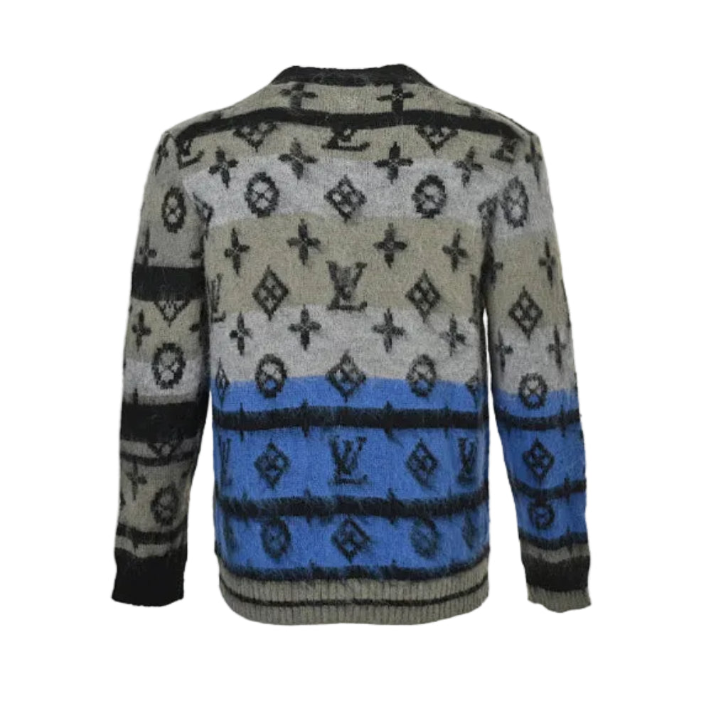 Louis Vuitton Monogram Jacquard Mohair Knit V-Neck Cardigan – Grey / Blue / Black