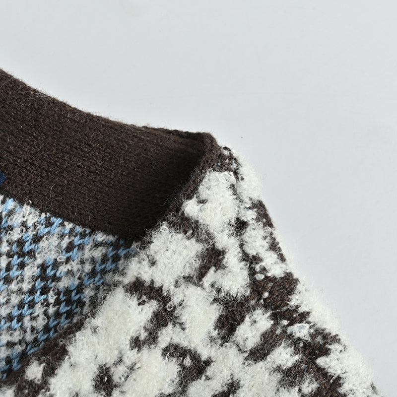 Louis Vuitton Glen Plaid Houndstooth Bouclé Knit V-Neck Cardigan – Black / White / Blue
