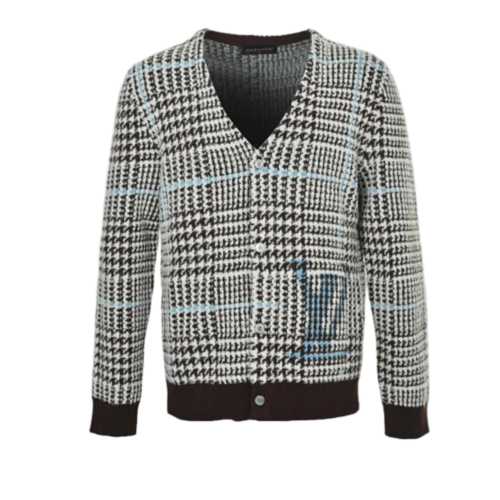 Louis Vuitton Glen Plaid Houndstooth Bouclé Knit V-Neck Cardigan – Black / White / Blue