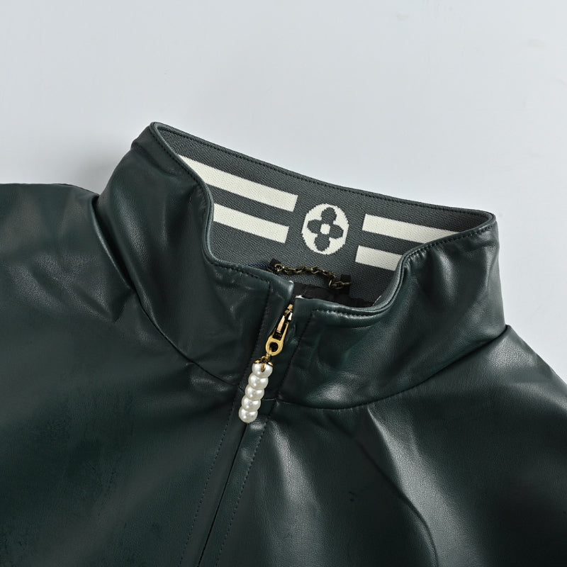 Louis Vuitton Cursive Logo Leather & Nylon V-Panel Jacket – Forest Green / Grey