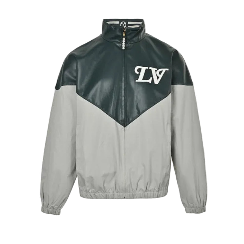 Louis Vuitton Cursive Logo Leather & Nylon V-Panel Jacket – Forest Green / Grey