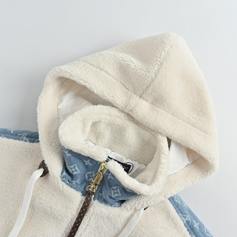 Louis Vuitton Monogram Denim Panel Sherpa Hooded Zip Jacket – Cream / Blue
