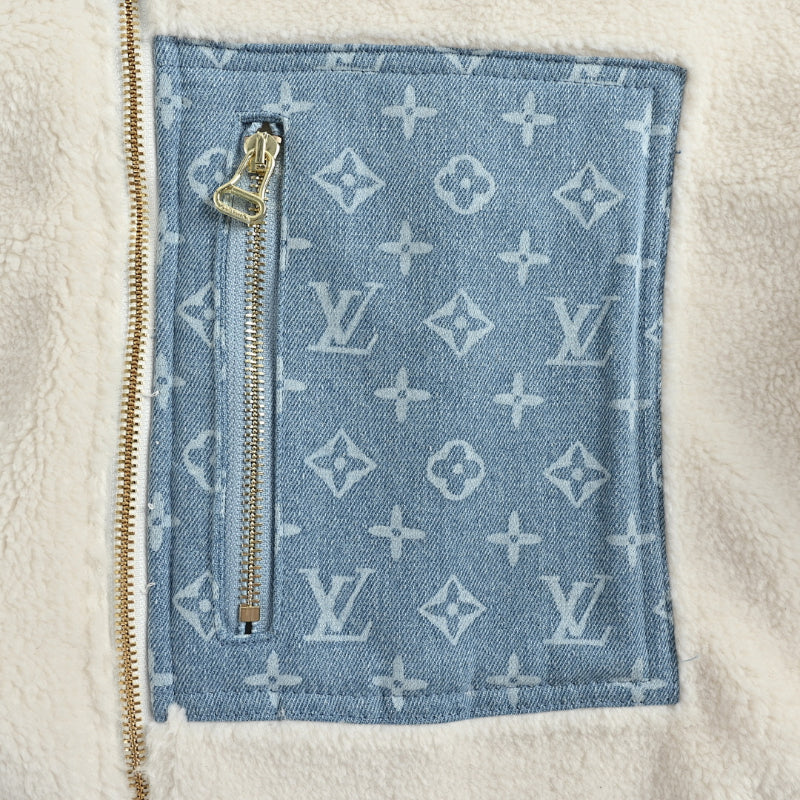 Louis Vuitton Monogram Denim Panel Sherpa Hooded Zip Jacket – Cream / Blue