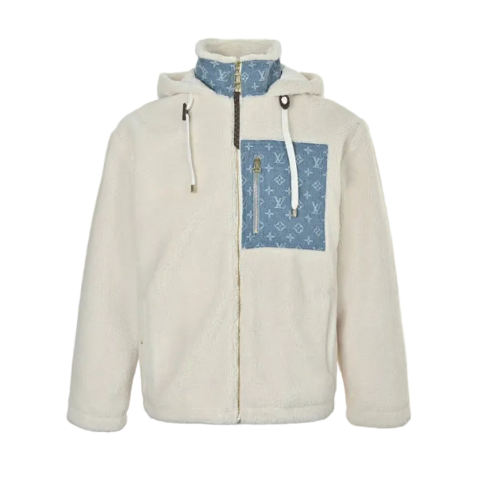 Louis Vuitton Monogram Denim Panel Sherpa Hooded Zip Jacket – Cream / Blue