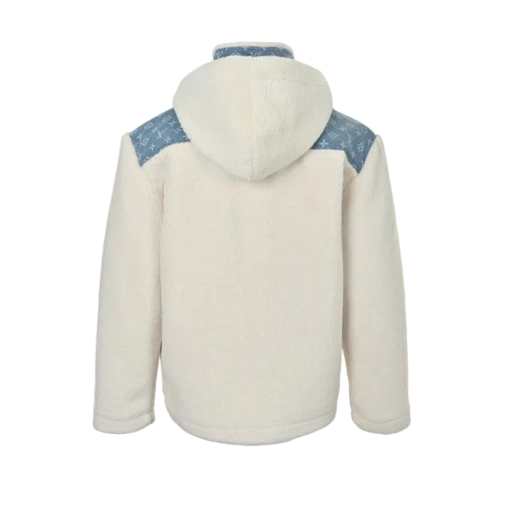 Louis Vuitton Monogram Denim Panel Sherpa Hooded Zip Jacket – Cream / Blue