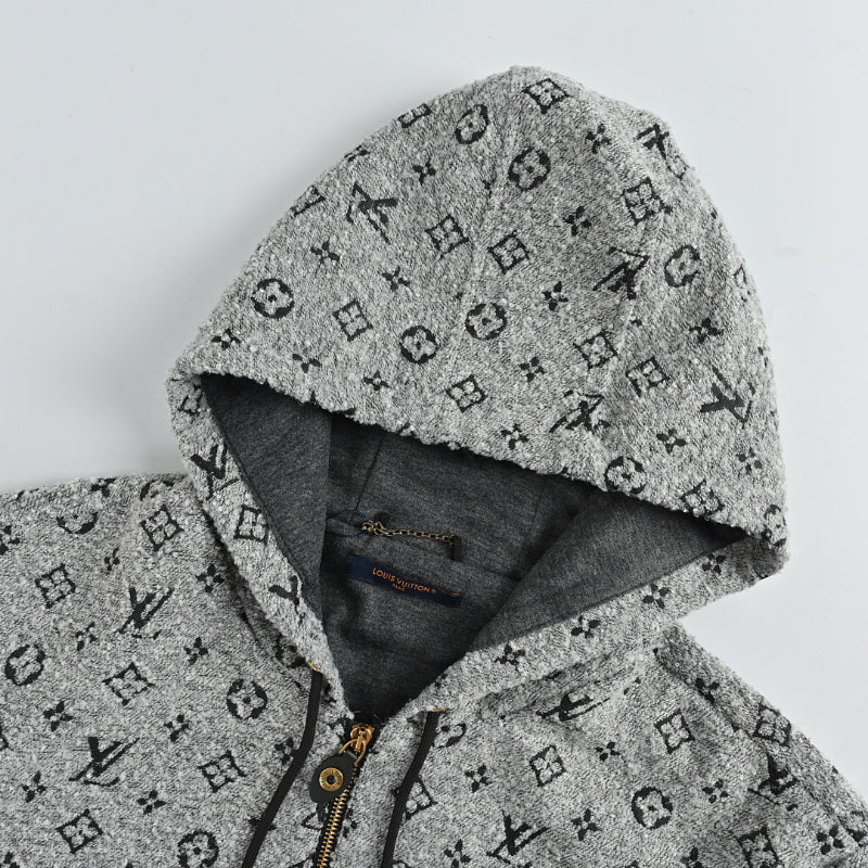 Louis Vuitton Monogram Allover Print Bouclé Hooded Zip Jacket – Grey