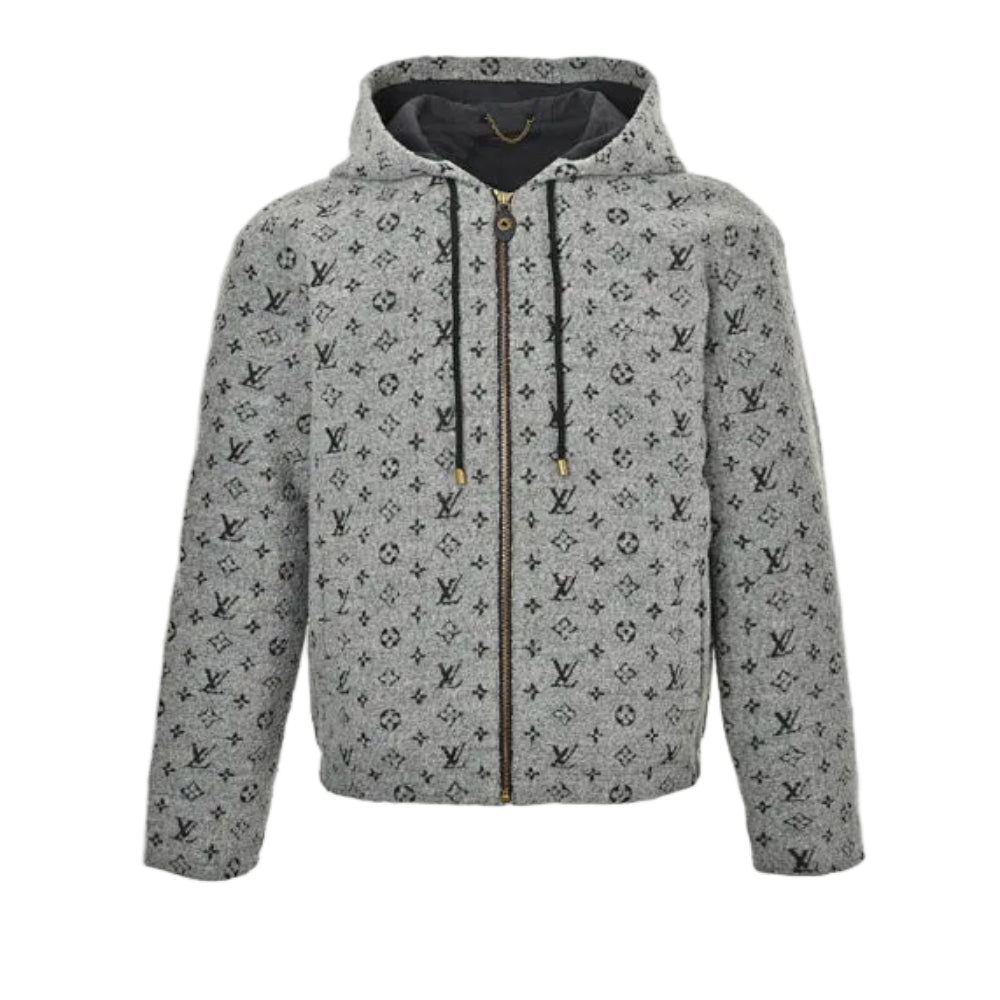 Louis Vuitton Monogram Allover Print Bouclé Hooded Zip Jacket – Grey