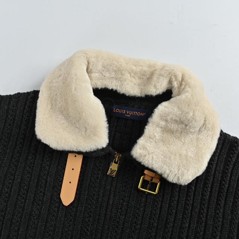 Louis Vuitton Shearling Collar Chunky Rib Knit Zip Jacket – Charcoal