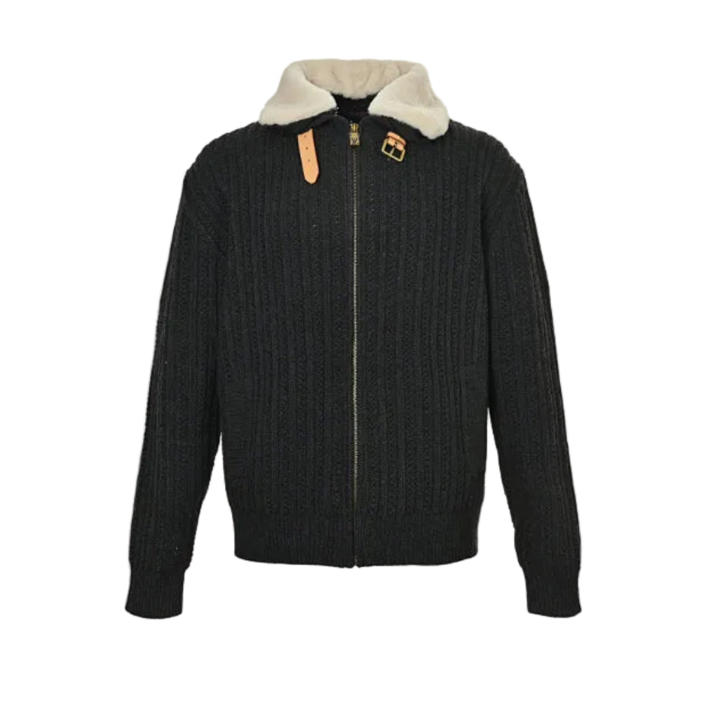 Louis Vuitton Shearling Collar Chunky Rib Knit Zip Jacket – Charcoal