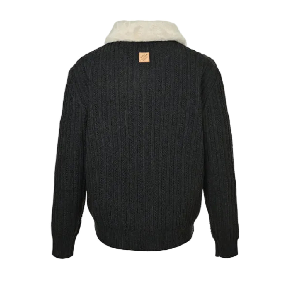 Louis Vuitton Shearling Collar Chunky Rib Knit Zip Jacket – Charcoal