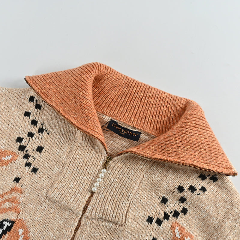 Louis Vuitton Tiger Jacquard Knit Zip Jacket – Oat / Coral / Black