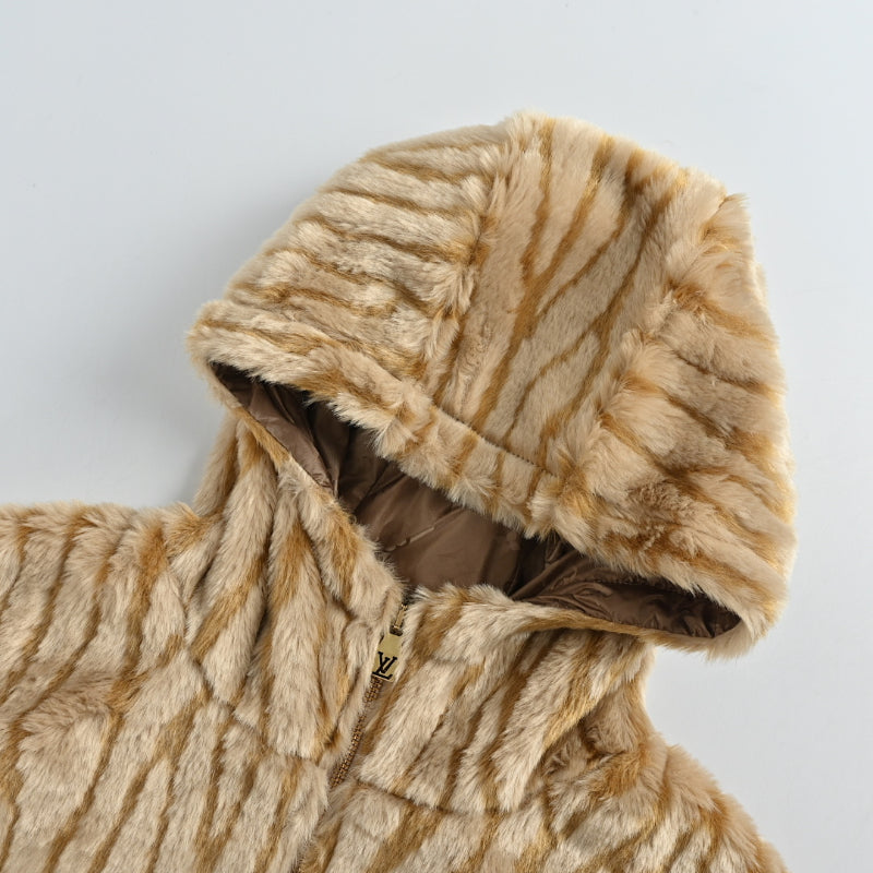 Louis Vuitton Tonal Logo Faux Mink Stripe Hooded Zip Jacket – Camel