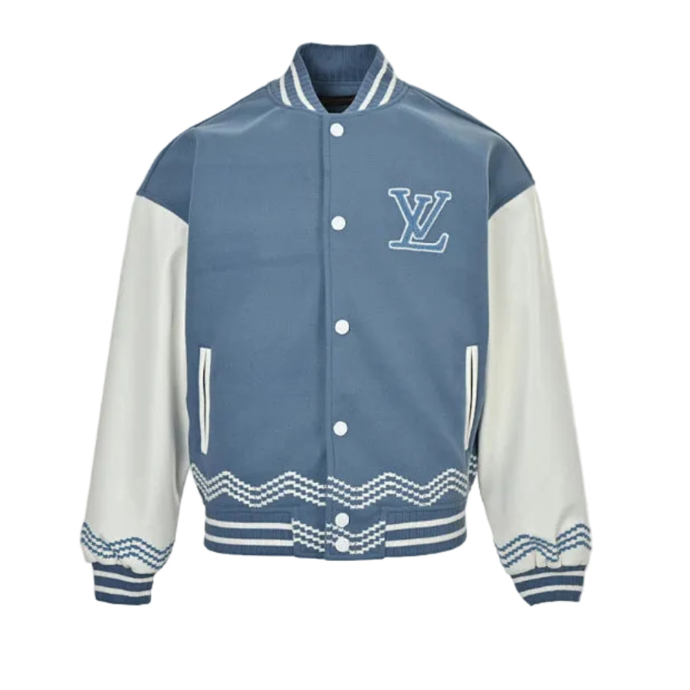 Louis Vuitton Logo Zigzag Wave Embroidery Varsity Jacket – Steel Blue / Cream
