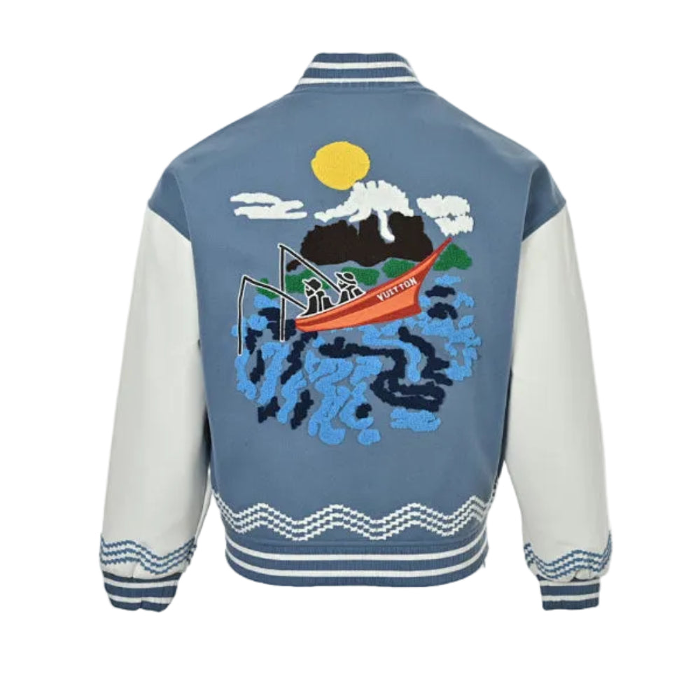 Louis Vuitton Logo Zigzag Wave Embroidery Varsity Jacket – Steel Blue / Cream