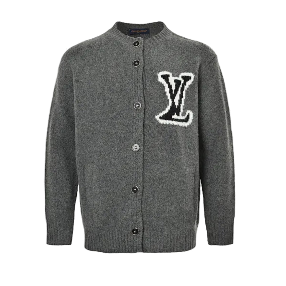 Louis Vuitton Oversized 3D Collegiate Logo Bouclé Knit Cardigan – Grey